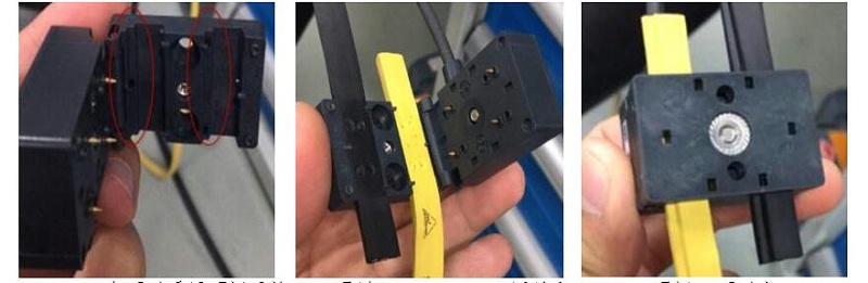 7、穿刺模塊+ASI電源線+ASI總線，由于電纜合底座的造型，安裝具有唯一性，不會(huì)將極性混淆。電纜橡膠本身有自愈特性，穿刺后的絕緣防護(hù)等級(jí)仍能達(dá)到IP67，防水、防塵、防油、防振動(dòng)，安裝簡單快速，更適合工業(yè)現(xiàn)場的惡劣環(huán)境的可靠性和項(xiàng)目實(shí)施的效率等要求。穿刺過程及連接好如下圖所示：